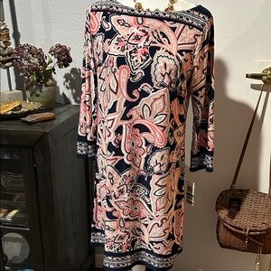 INC International Concepts Navy and Pink Paisley Long Sleeve Dress